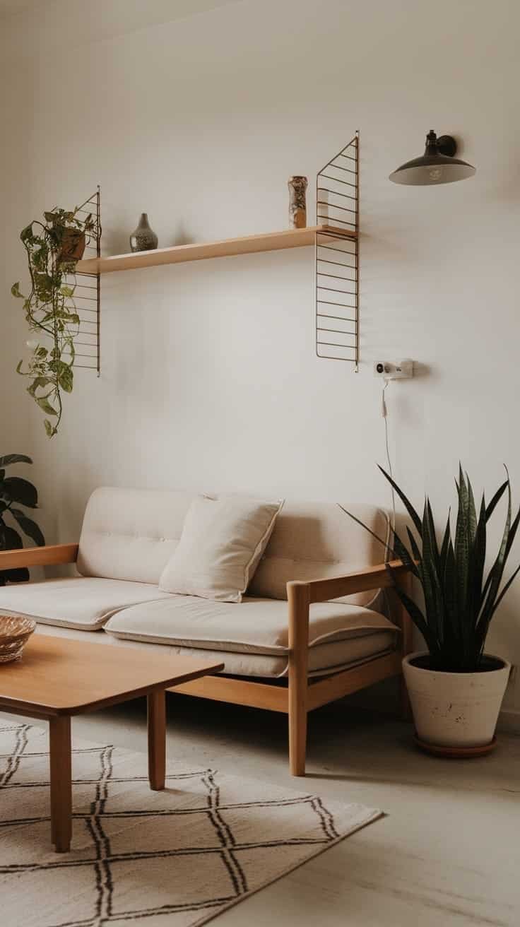 Minimalist_decor_ideas A minimalist living room with a light colored sofa wooden coffee table and plants