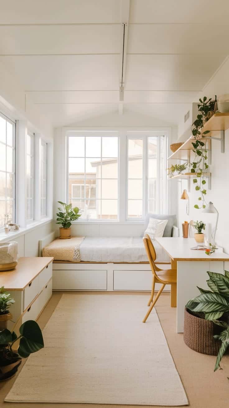 Minimalist_interior_aesthetics A bright and minimalist interior of a futuristic tiny home featuring large windows and natural decor