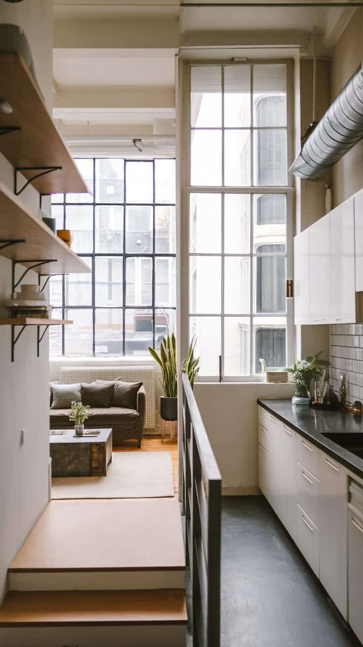 Minimalist_urban_retreat_with_smart_storage Interior of a minimalist small home with large windows a cozy sofa and smart storage solutions