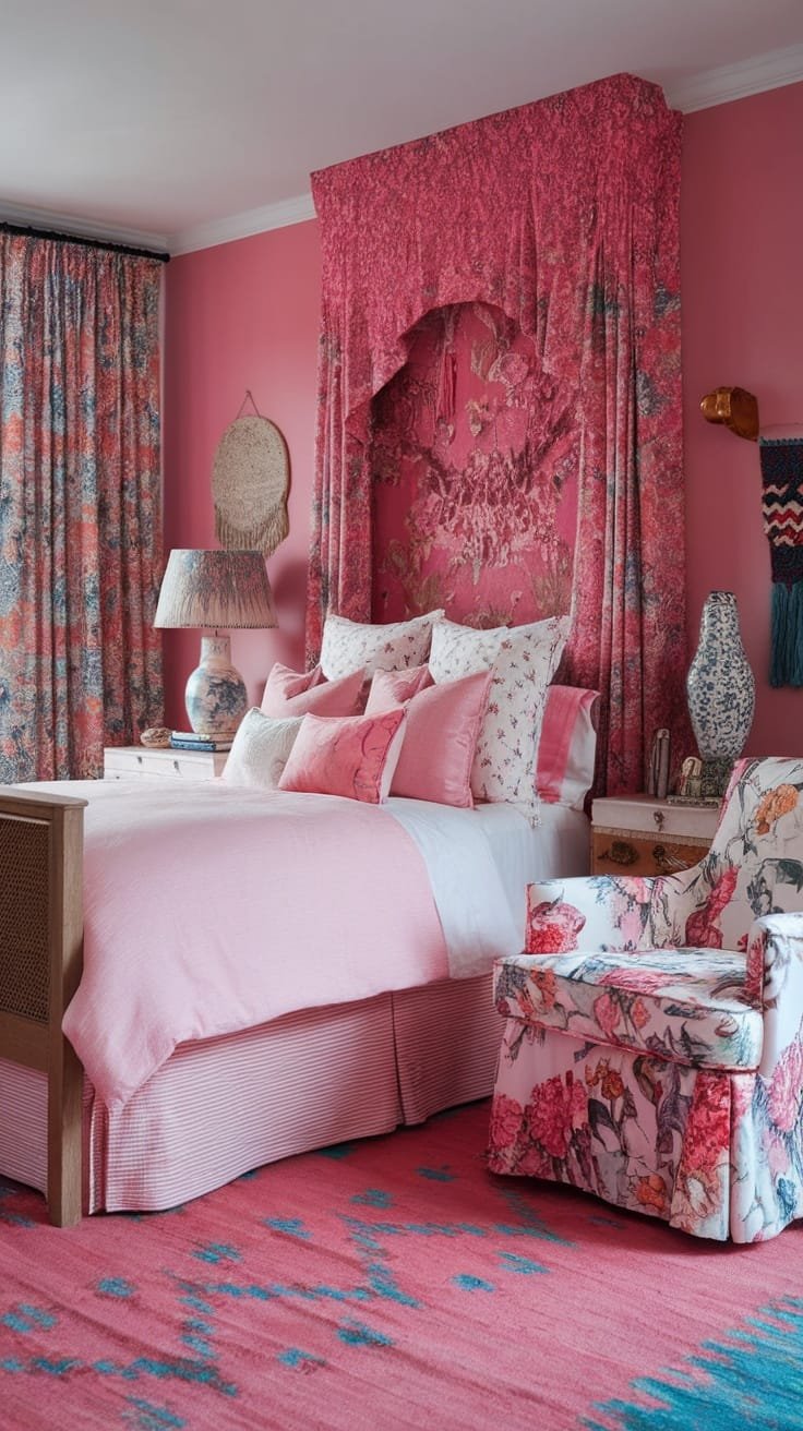 Mix_and_match_patterns A cozy pink boho bedroom with patterned curtains and floral accents