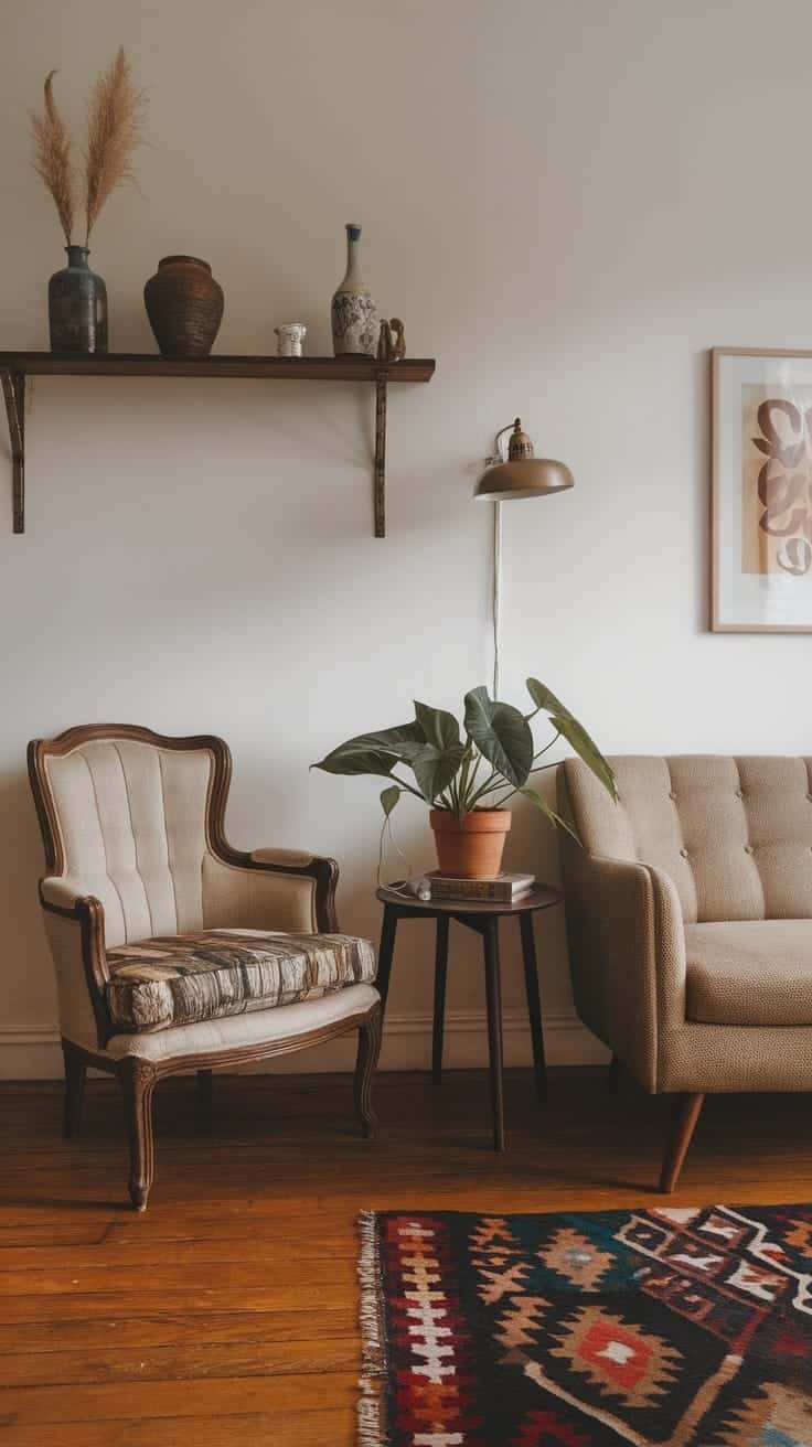 Mixing_old_and_new_furniture A cozy living room with a vintage armchair modern couch and decorative elements