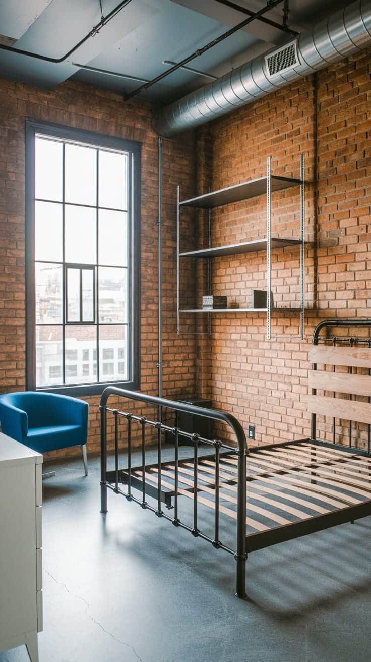 Modern_industrial_style_bedroom A modern industrial style bedroom featuring an exposed brick wall a black metal bed frame and a cozy blue chair
