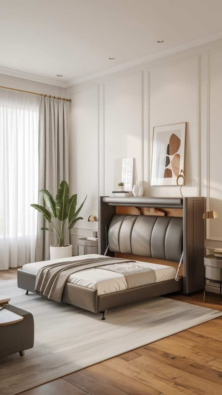 Modern_murphy_bed_setup A modern Murphy bed setup in a small bedroom featuring a sleek design with a padded headboard and neutral colors