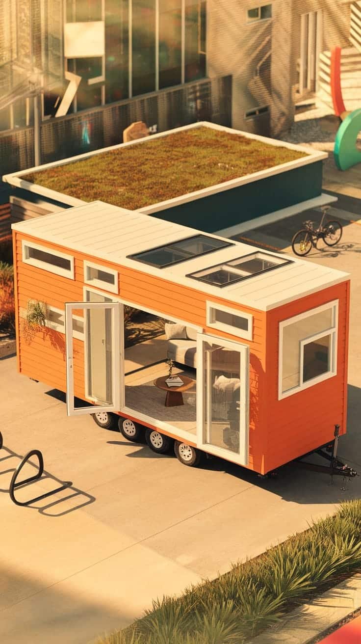 Modular_tiny_home_concepts A colorful modular tiny home with large windows and a green roof