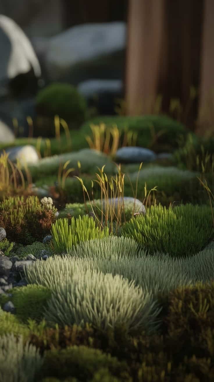 Moss_gardens_for_low_light A close up of a lush moss garden with various types of moss and small rocks