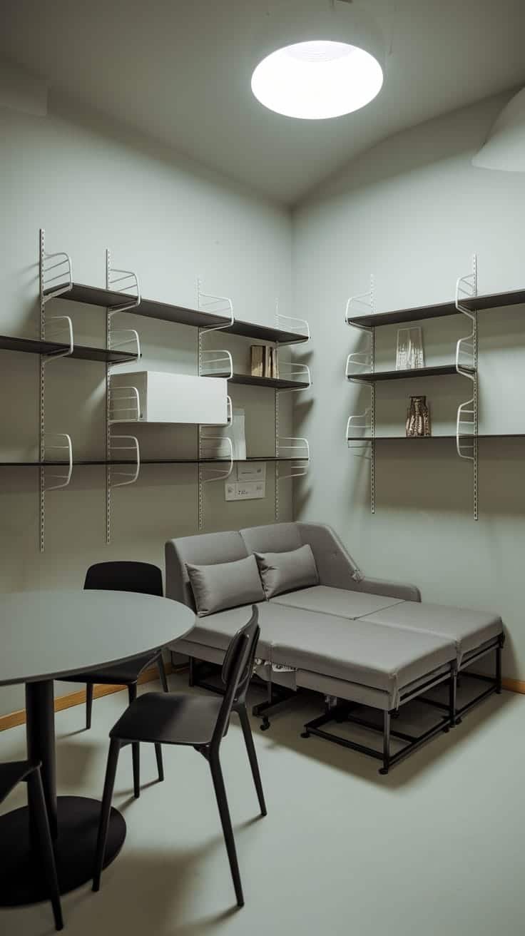 Multifunctional_furniture A modern living space featuring a multi functional couch a round table and open shelving