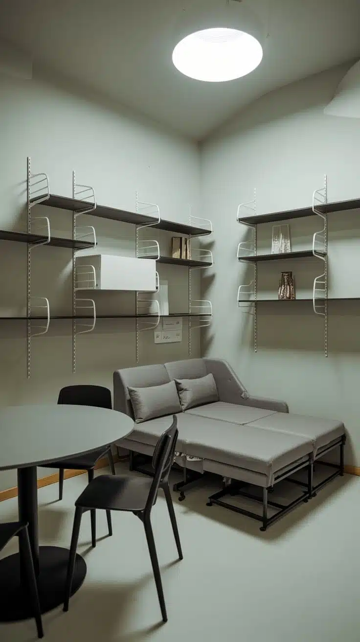 Multifunctional_furniture A modern living space featuring a multi functional couch a round table and open shelving