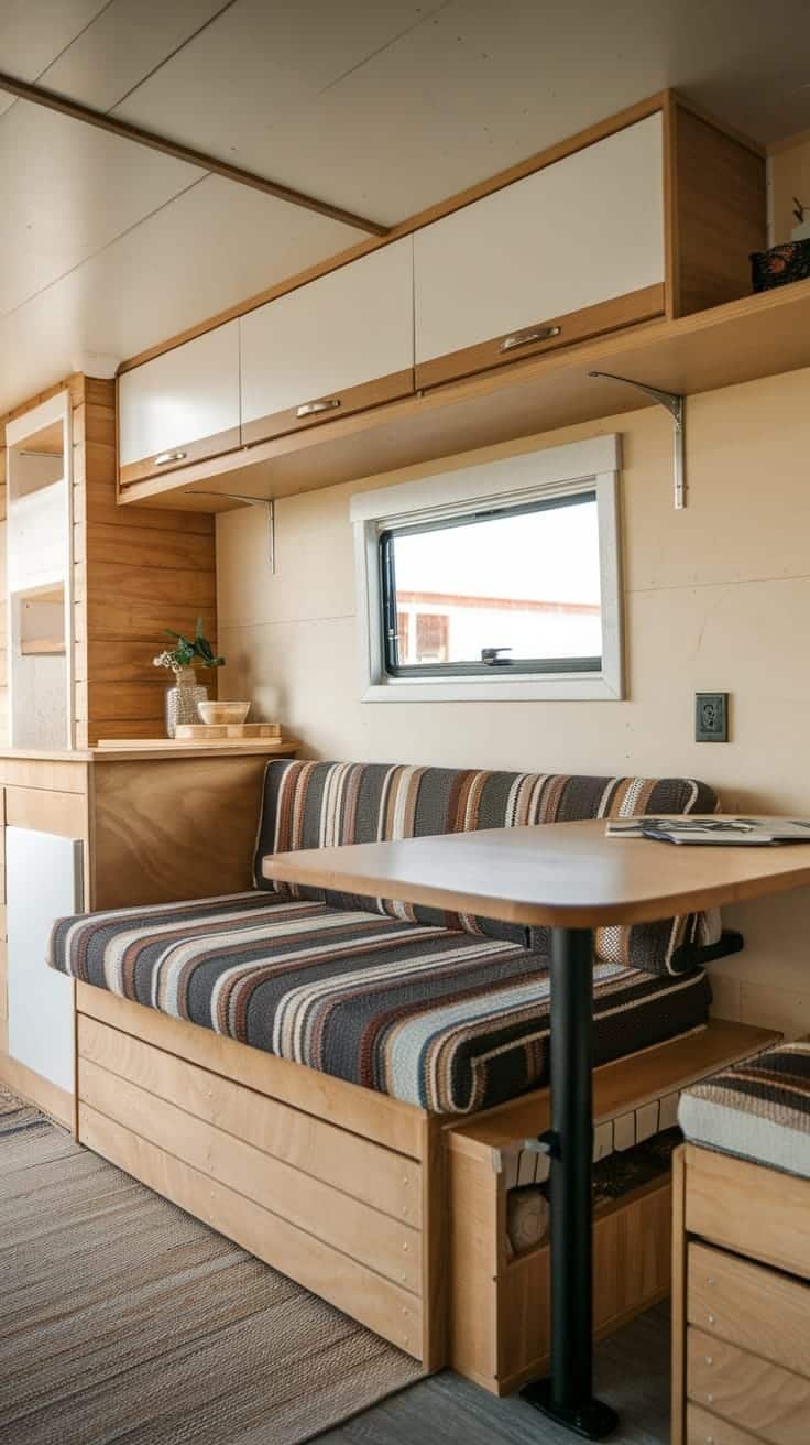 Multifunctional_furniture_for_tiny_living Cozy seating area in a tiny house camper with striped cushions and a wooden table