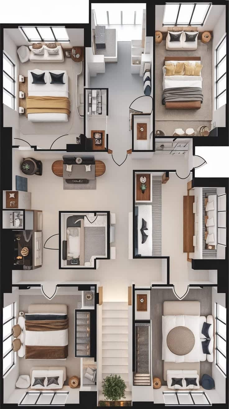 Multiple_bedrooms_for_guests Floor plan of a mini mansion featuring multiple bedrooms
