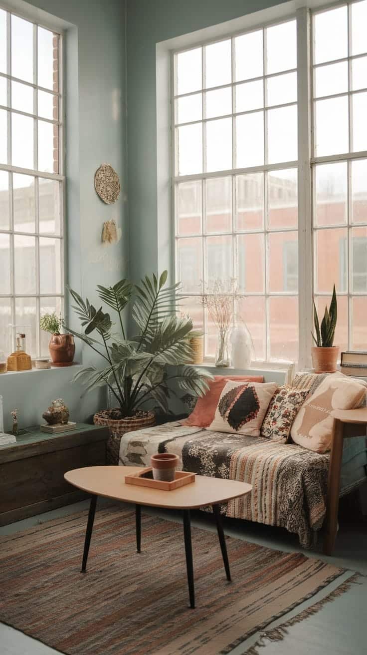 Natural_light_enhancement A bright living room with large windows plants and bohemian decor