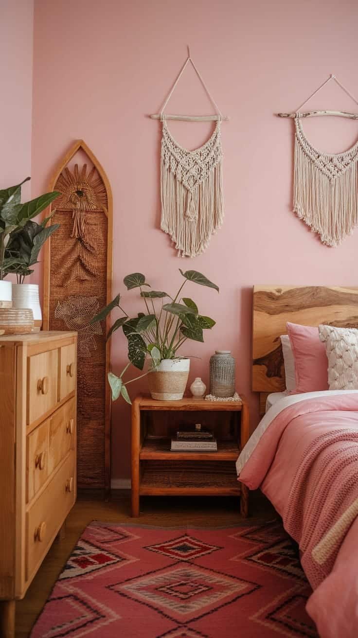 Natural_wood_accents A pink boho bedroom featuring natural wood accents with wooden furniture and macramé wall hangings