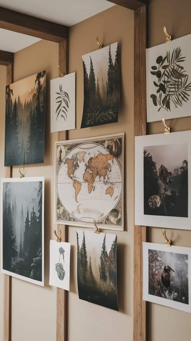 Natureinspired_wall_art A wall featuring various nature inspired prints including forests and plants showcasing forest interior design