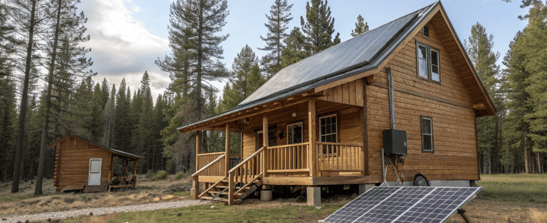 A photo of a rustic wooden cabin nestled in a forested area The cabin constructed from brown wooden planks has a sloping roof and a staircase leading up to the entrance Solar panels are prominently featured on the solar array setup in front of the cabin The cabin is surrounded by tall evergreen trees and the sky above is a clear blue with a few scattered clouds The photo captures the cabin and its surroundings in a natural forested setting