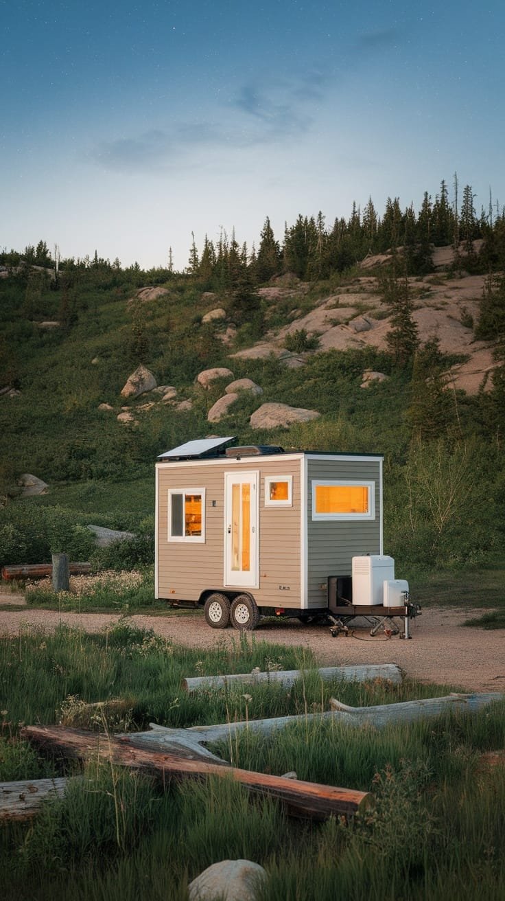 Offgrid_capabilities_for_adventurous_souls A tiny house camper parked in a scenic outdoor setting with solar panels on the roof