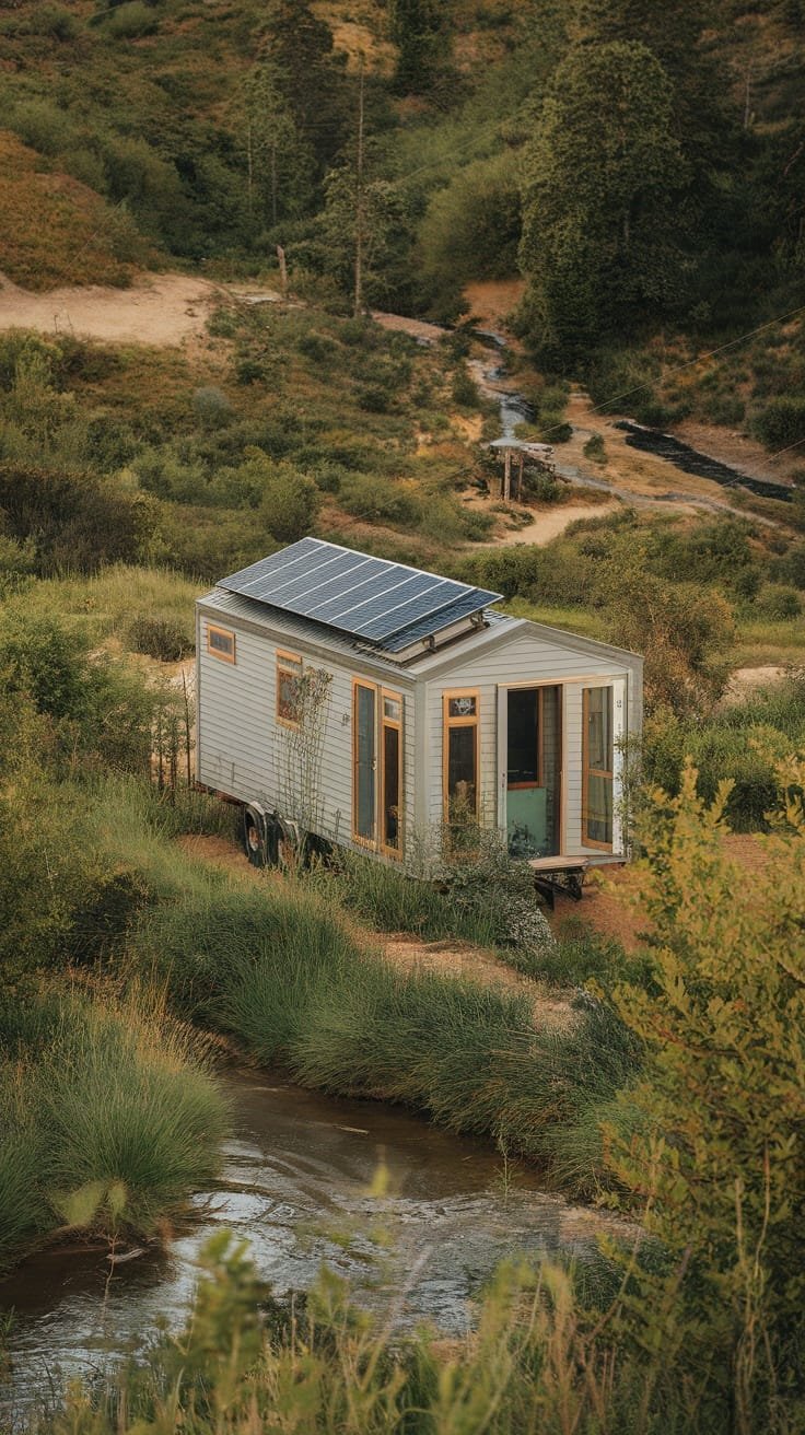 Offgrid_living_solutions A tiny home with solar panels in a natural setting