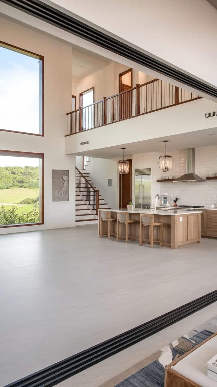 Open_concept_living_spaces Open concept living area with kitchen and large windows