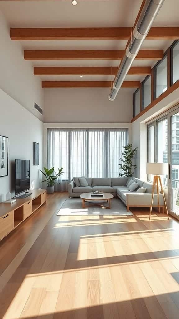 Open_floor_plans_to_enhance_flow Modern open floor plan living area in a small Japanese apartment with wooden beams and large windows