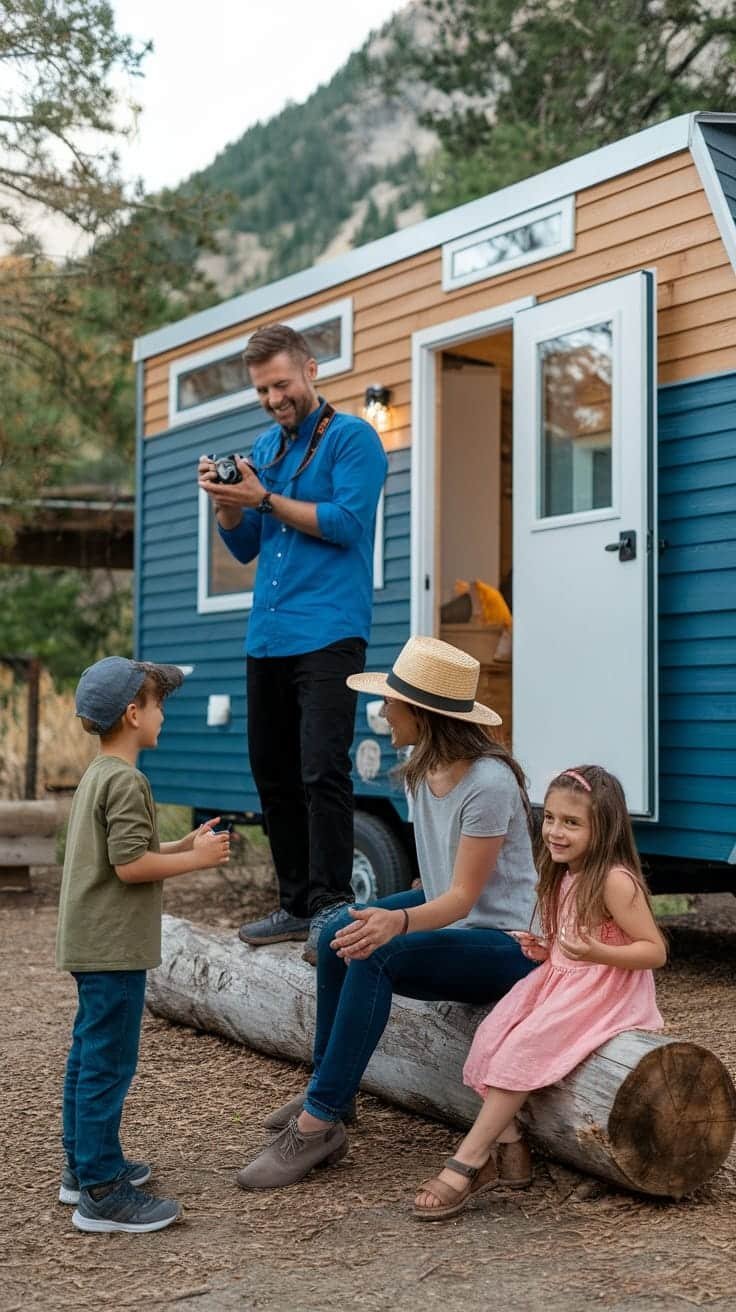 Outdoor_activities_near_tiny_house_campers A family enjoying time outside a tiny house camper in nature