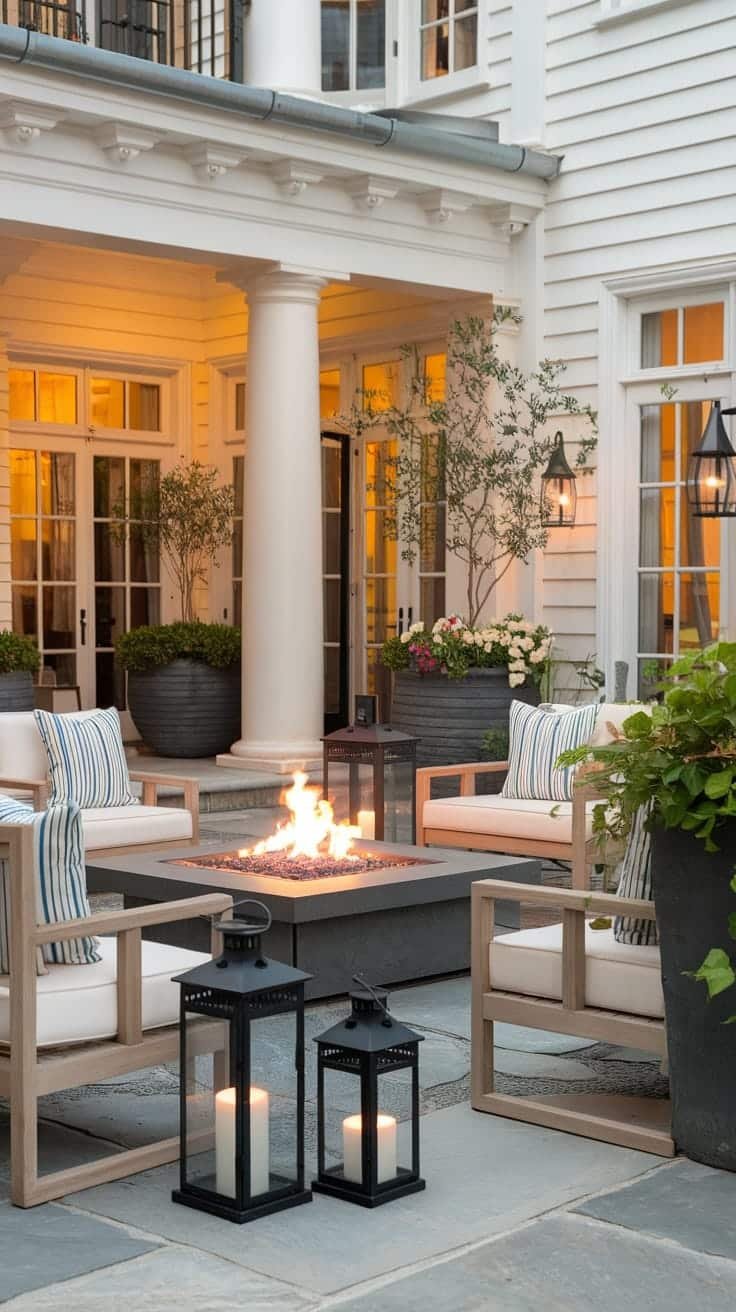 Outdoor_entertaining_spaces Cozy outdoor seating area with a fire pit and lanterns