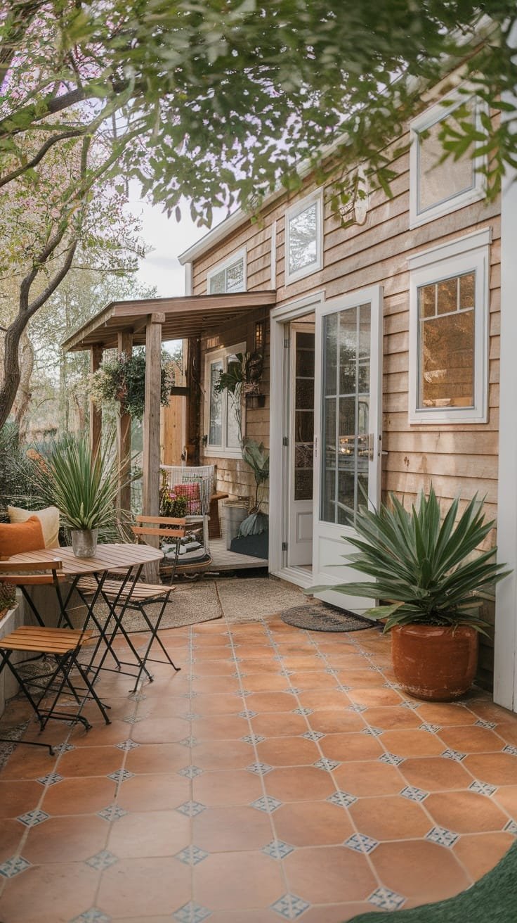 Outdoor_living_patios_and_courtyards A cozy outdoor patio area with terracotta tiles wooden chairs and greenery surrounding a tiny house