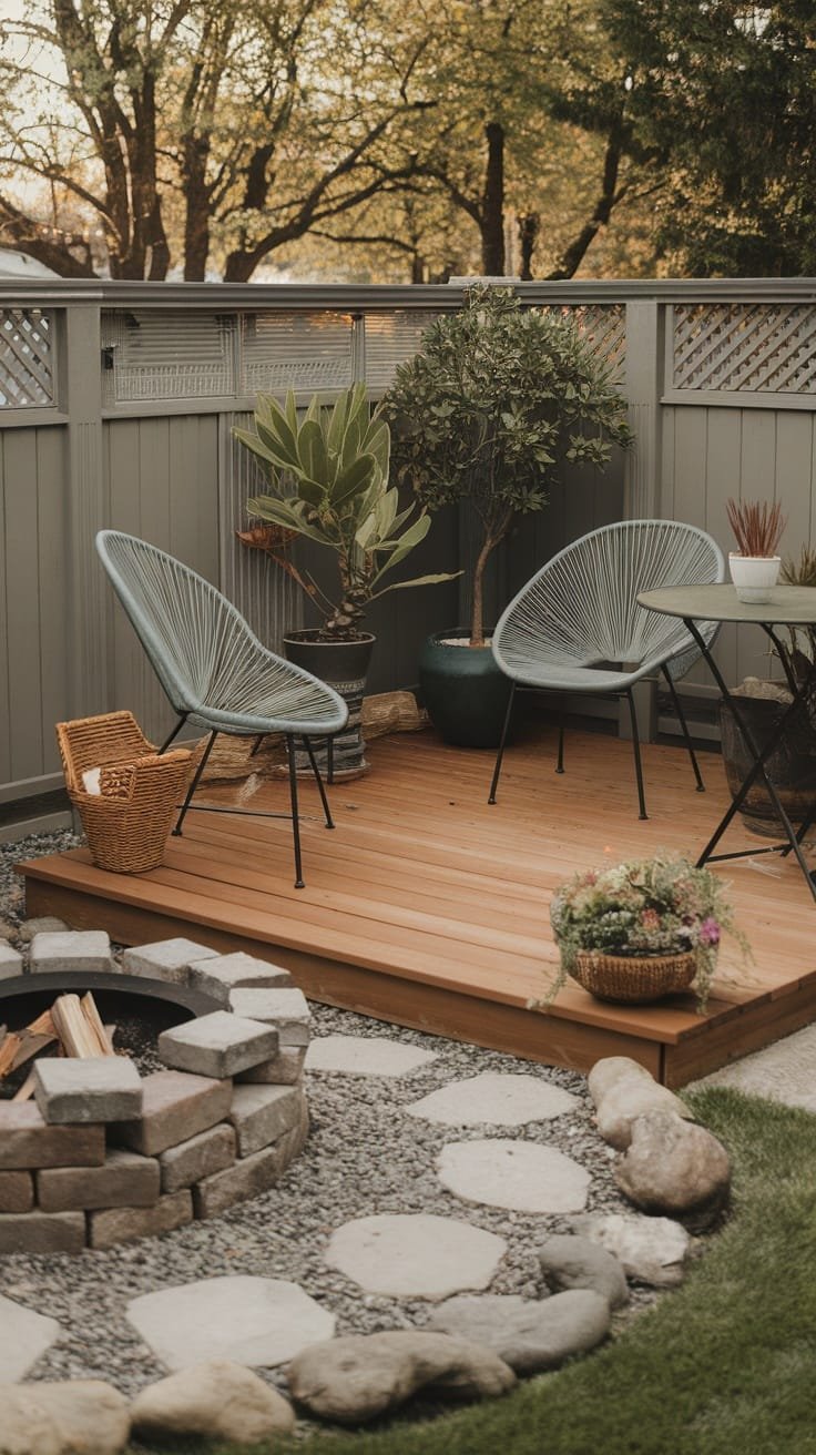 Outdoor_living_spaces_1 Outdoor living space with chairs a fire pit and plants in a beautiful small home setting