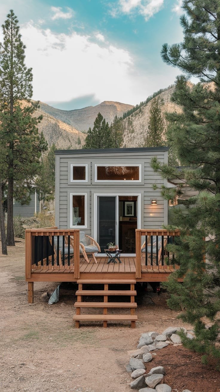 Outdoor_living_spaces_in_tiny_homes A cozy aspen tiny home with a wooden deck surrounded by trees and mountains