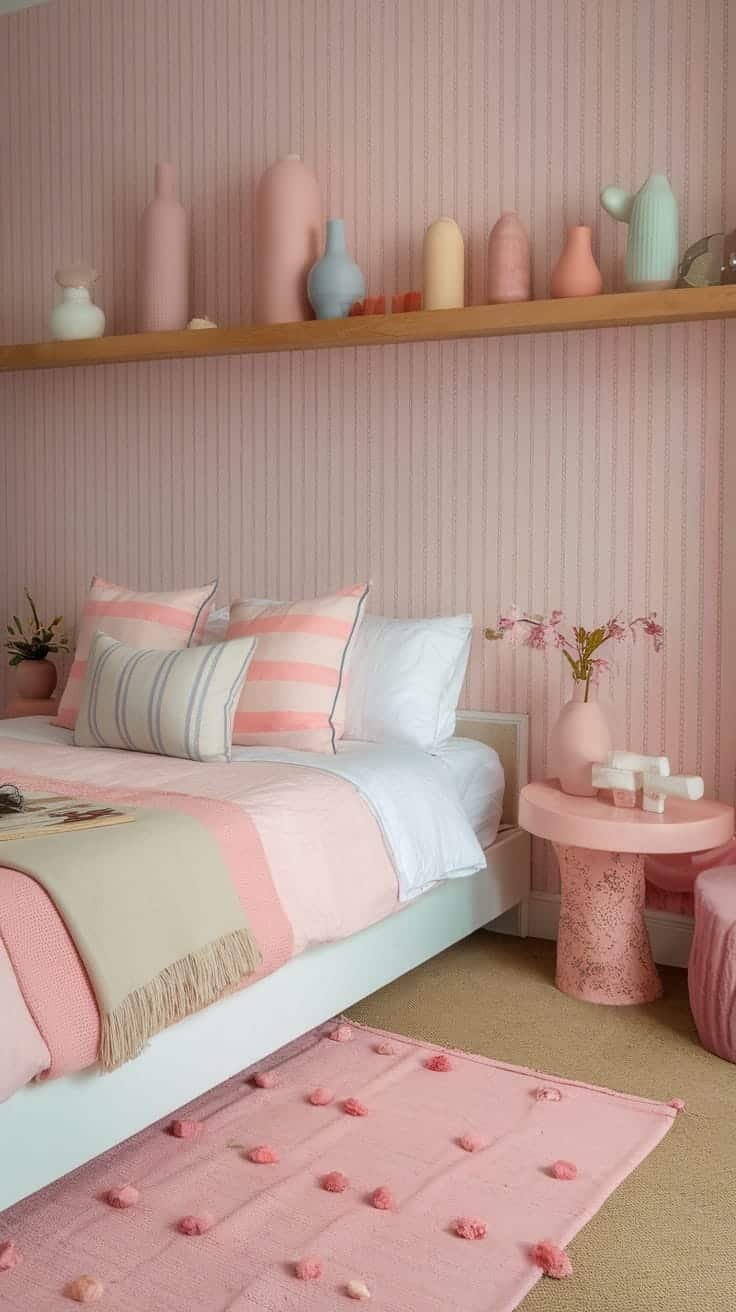 Pastel_accented_accessories A cozy pink boho bedroom with pastel accessories featuring a soft pink wall striped pillows and colorful vases