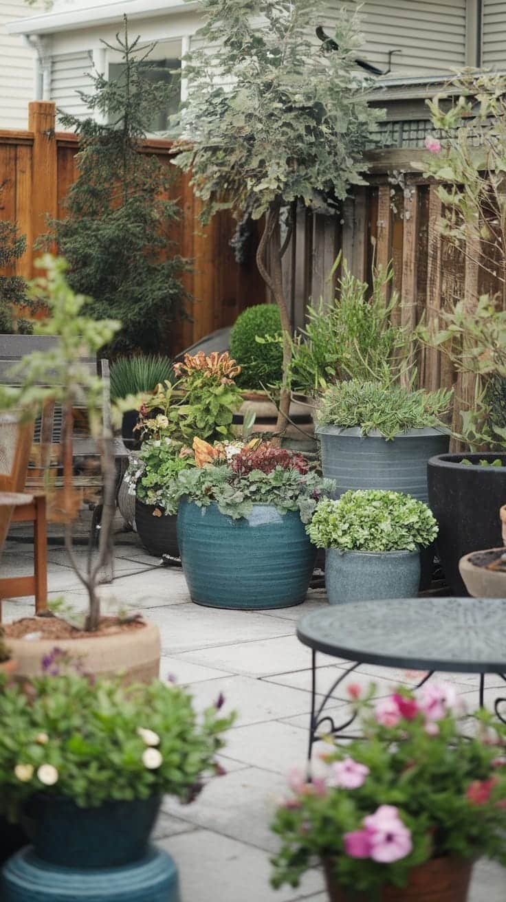 Patio_container_gardening Cozy patio with various plants in colorful pots