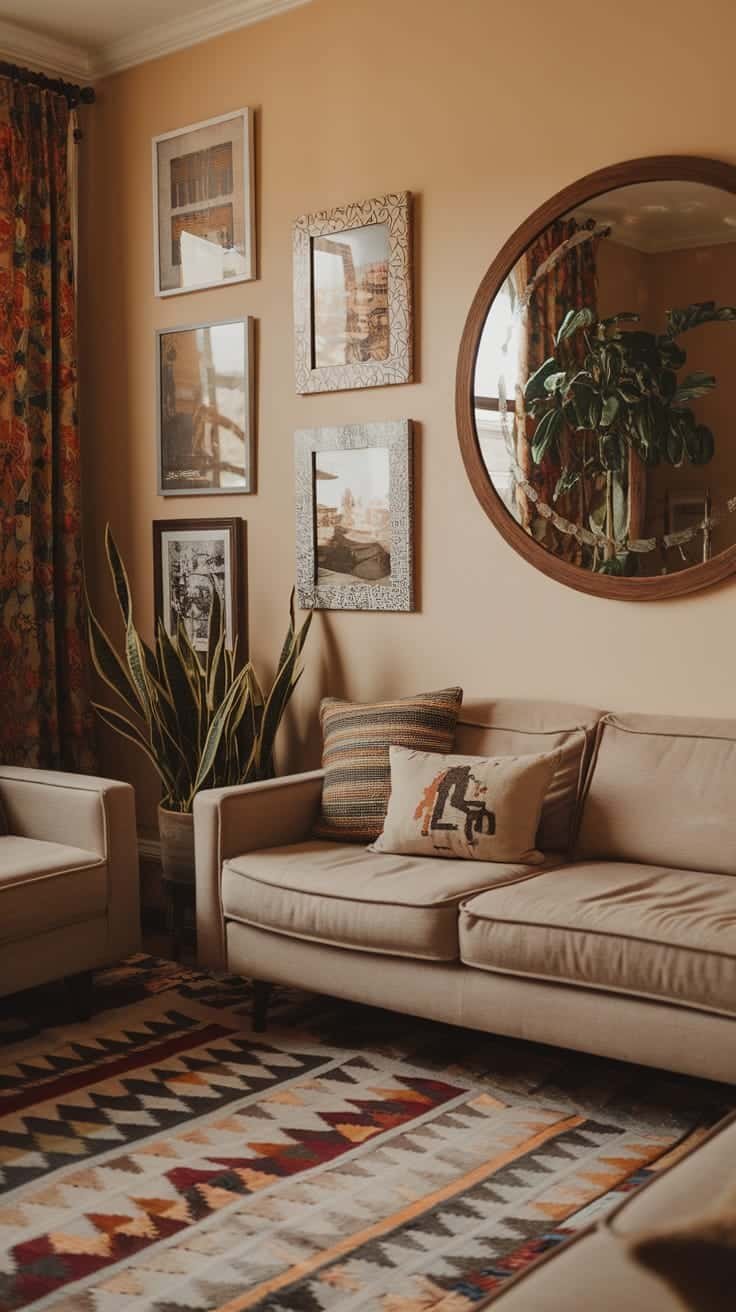 Personalized_decor_elements A cozy gypsy bohemian living room with beige sofas colorful cushions a patterned rug framed art and indoor plants