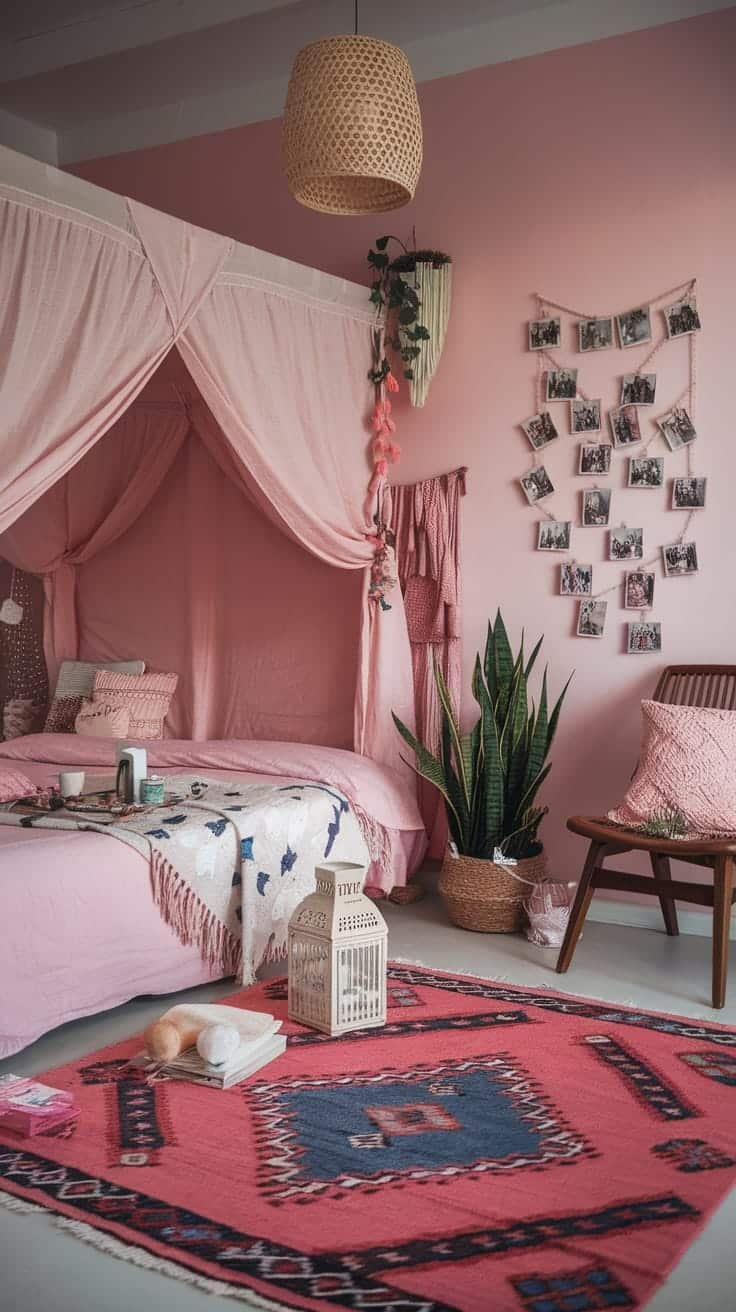 Personalized_photo_displays A cozy pink boho bedroom with personalized photo displays