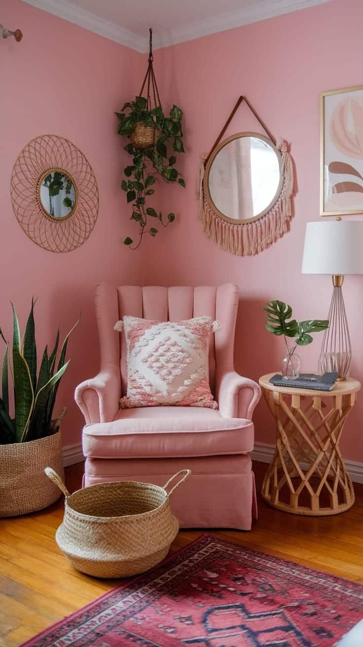Personalized_reading_space Cozy pink boho bedroom with a reading nook featuring a pink chair patterned pillow plants side table and warm lighting