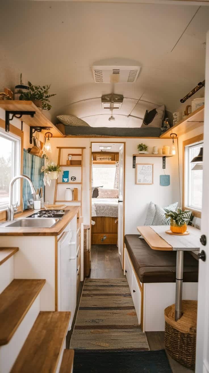 Personalizing_your_tiny_house_experience Cozy interior of a tiny house camper with a small kitchen seating area and decorations