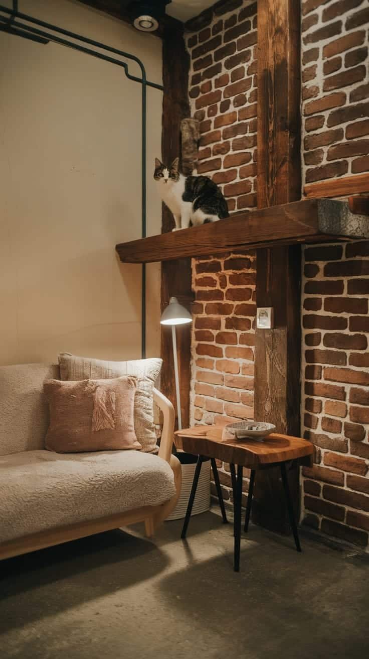 Petfriendly_small_homes Cozy interior of a small home with a cat on a shelf and a comfortable sofa