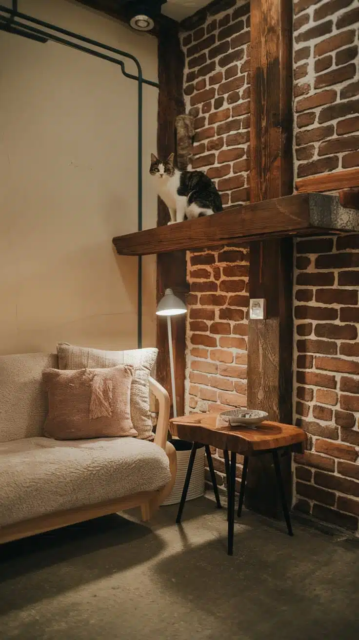 Petfriendly_small_homes Cozy interior of a small home with a cat on a shelf and a comfortable sofa