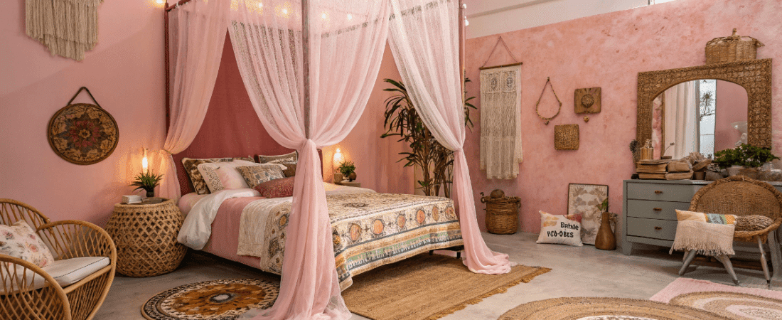 A cozy bedroom with a warm and inviting atmosphere The room is furnished with a bed with a canopy multiple woven accents a woven chair several potted plants a mirror and various decorative items The color palette is soft and inviting with shades of pink and beige dominating the room The room is well lit with soft warm lighting The image is a photograph capturing the interior of the bedroom with a focus on the arrangement of furniture and decorative elements