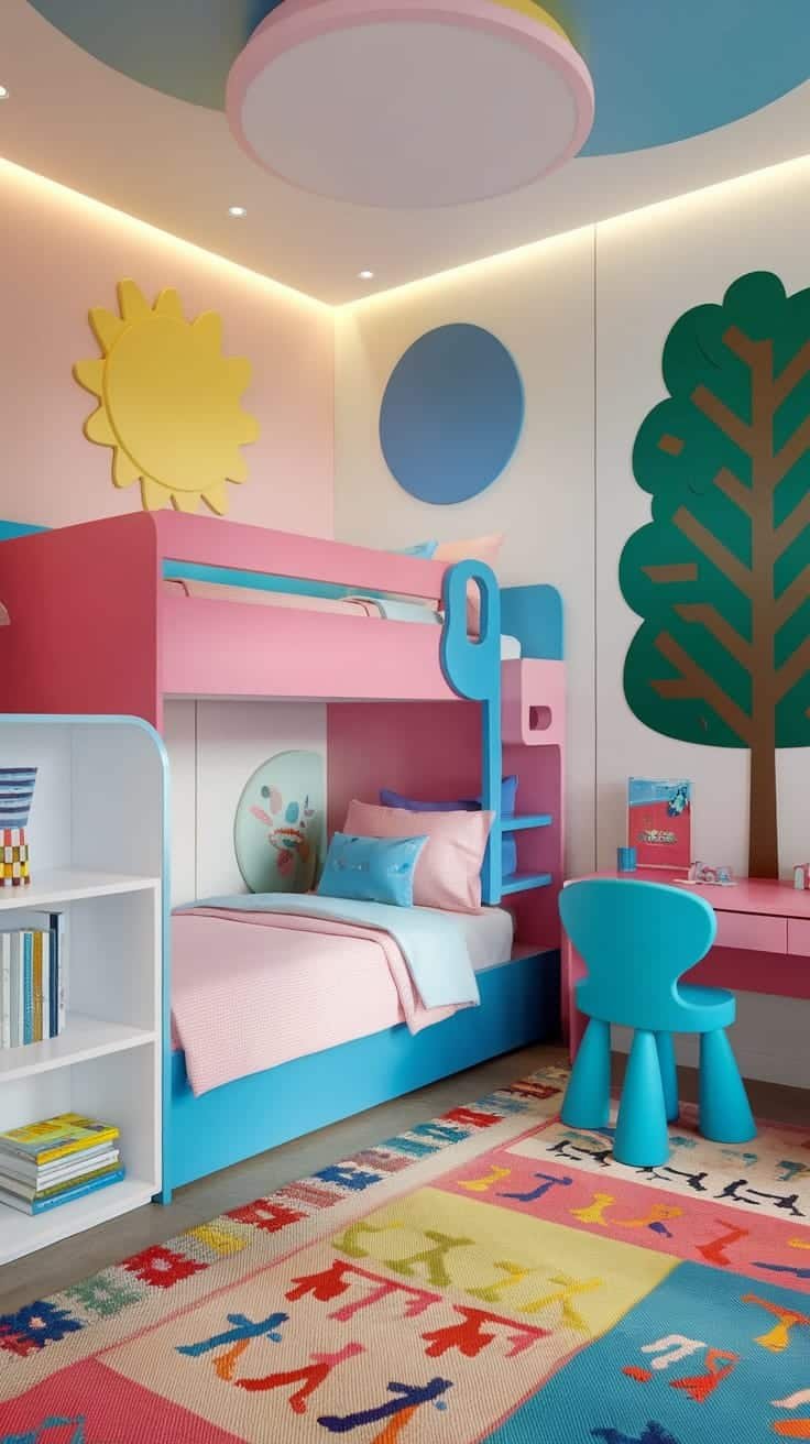 Playful_bunk_beds_for_kids_room A colorful kids room featuring playful bunk beds in pink and blue with cheerful wall art and a vibrant rug