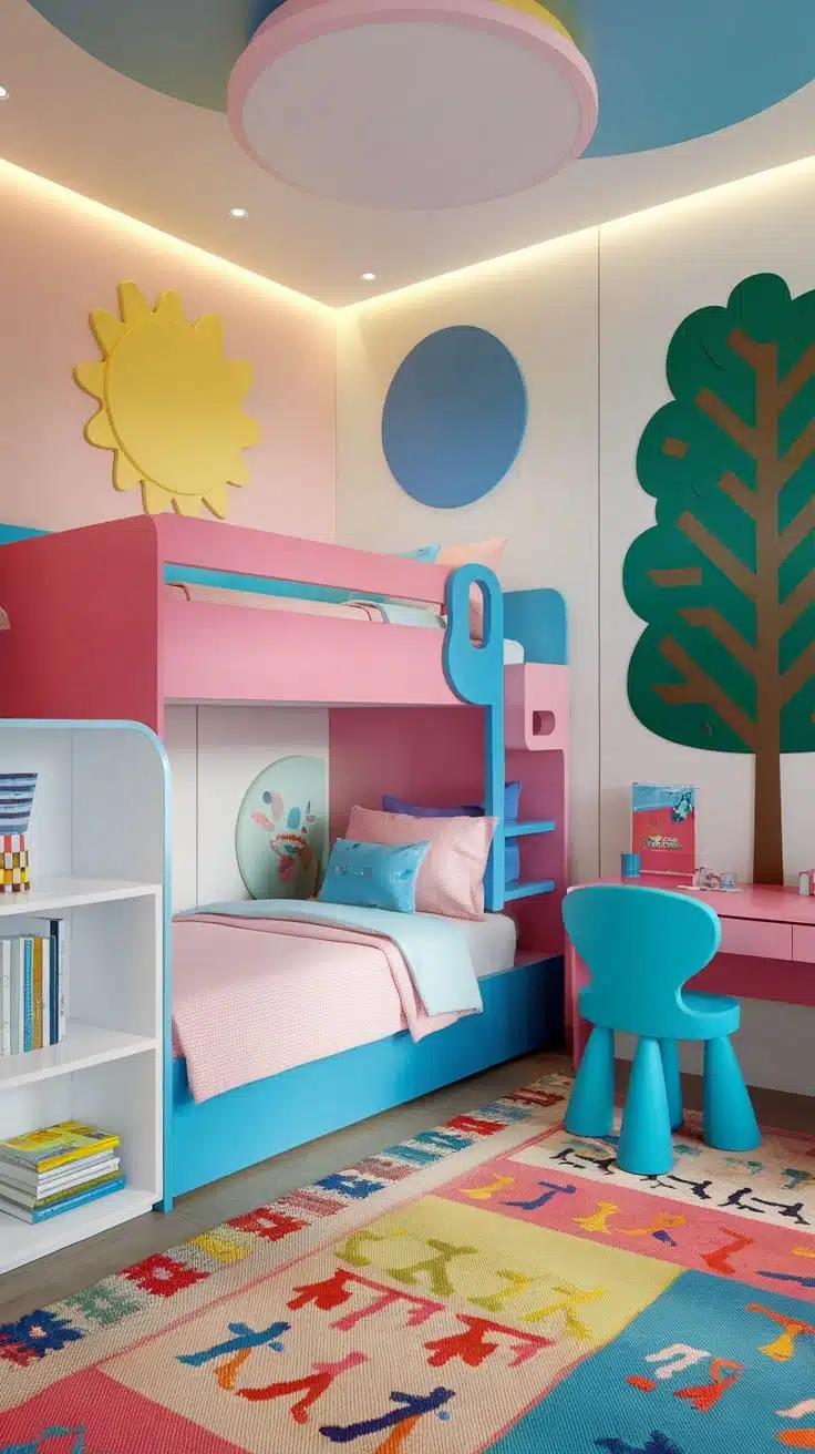 Playful_bunk_beds_for_kids_room A colorful kids room featuring playful bunk beds in pink and blue with cheerful wall art and a vibrant rug