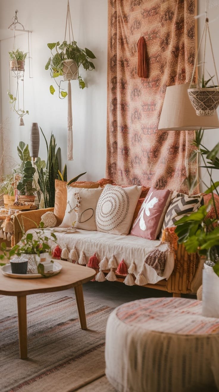 Playful_pillow_arrangements A cozy gypsy bohemian living room with colorful pillows on a couch showcasing various patterns and textures