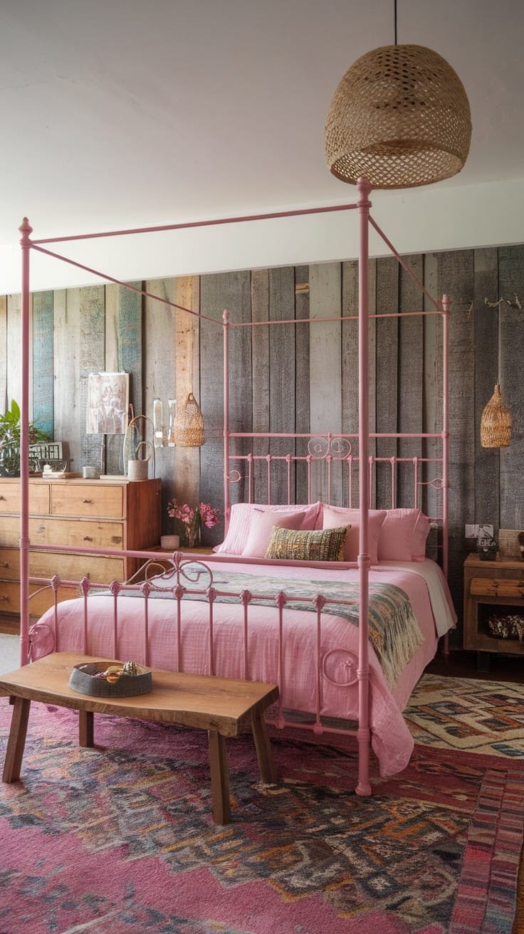 Reclaimed_wood_furniture A cozy pink boho bedroom featuring reclaimed wood furniture
