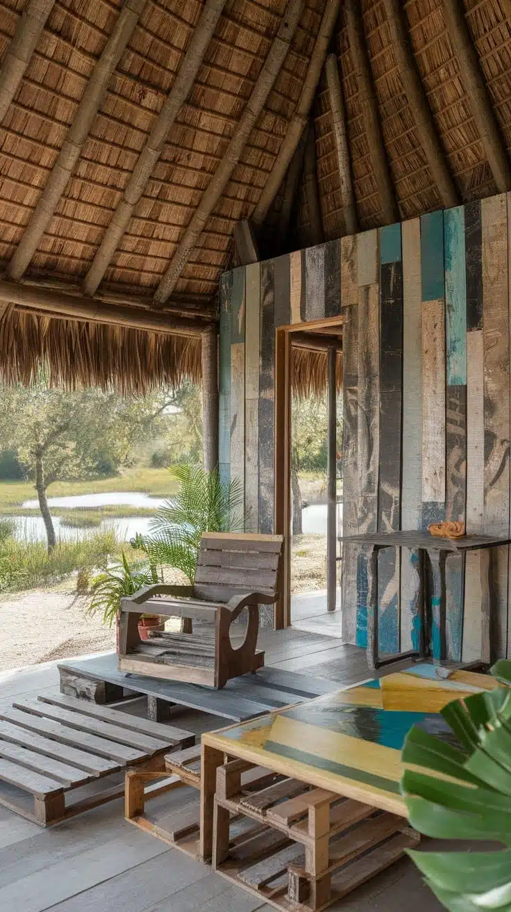 Recycling_and_upcycling_in_modular_home_design A cozy interior of a modular eco house showcasing recycled and upcycled materials