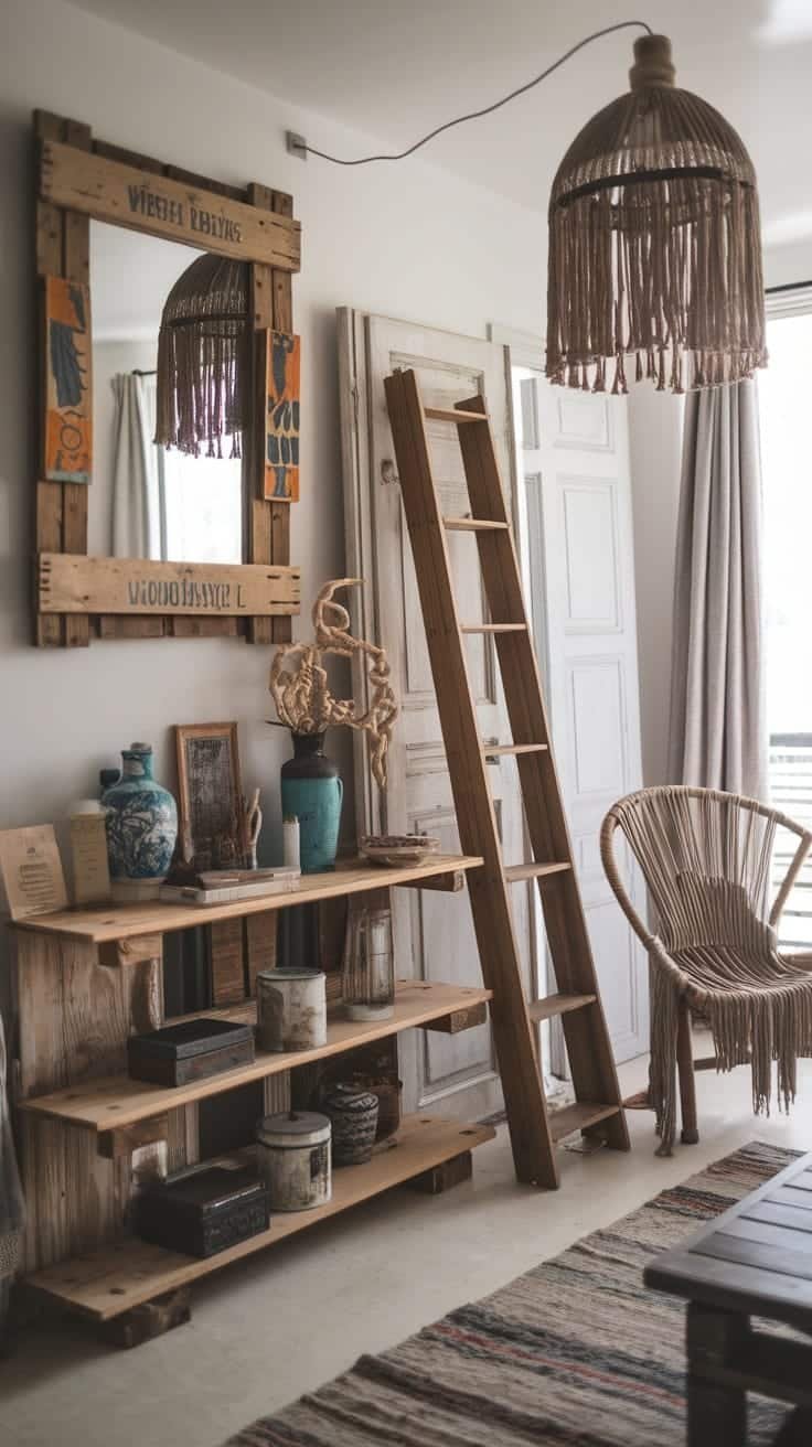Repurposed_and_upcycled_items A cozy gypsy bohemian living room featuring a wooden shelf unique decor items a woven lamp and a colorful mirror