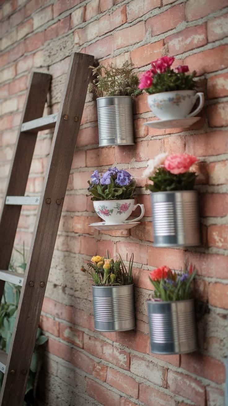 Repurposed_containers_for_planting Wall mounted gardening display with teacups and tin cans filled with colorful flowers against a brick wall