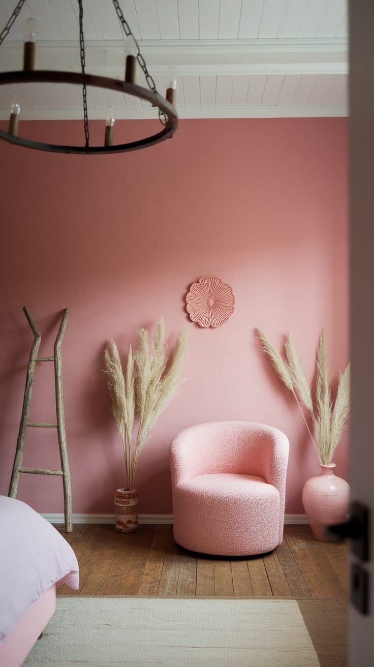 Rustic_chandeliers A rustic chandelier hanging over a soft pink chair in a boho bedroom
