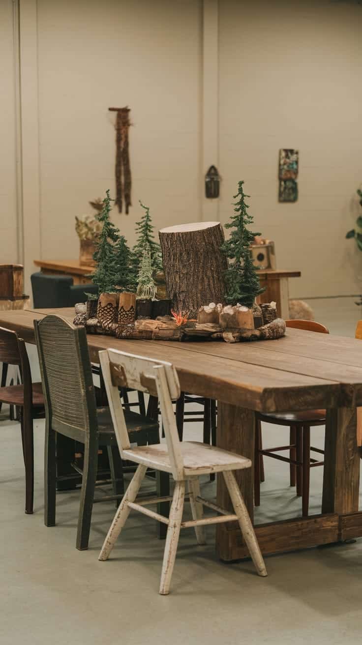 Rustic_furniture_choices Rustic wooden dining table with assorted chairs and forest themed decorations