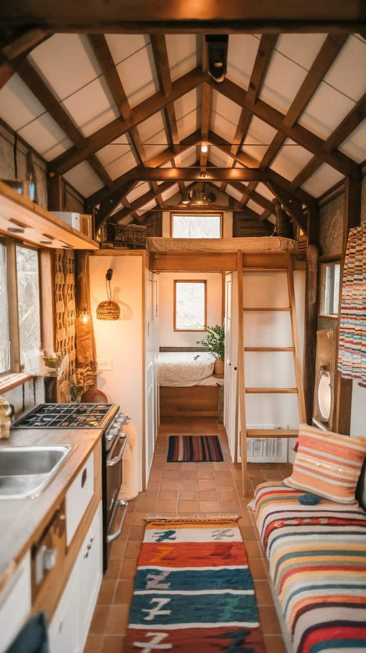 Rustic_interior_dc3a9cor_inspirations Interior of a rustic tiny house showcasing wooden beams colorful textiles and a cozy atmosphere