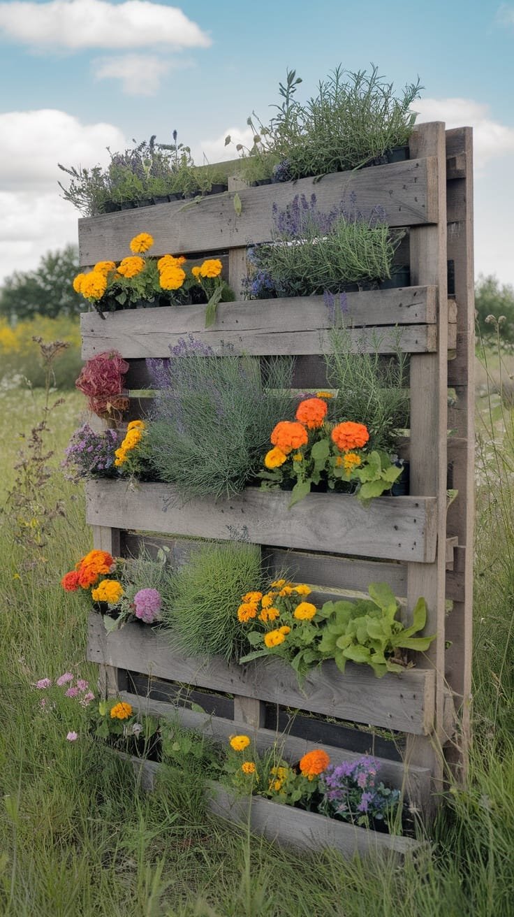 Rustic_pallet_gardens A rustic wooden pallet garden filled with colorful flowers and herbs against a scenic background