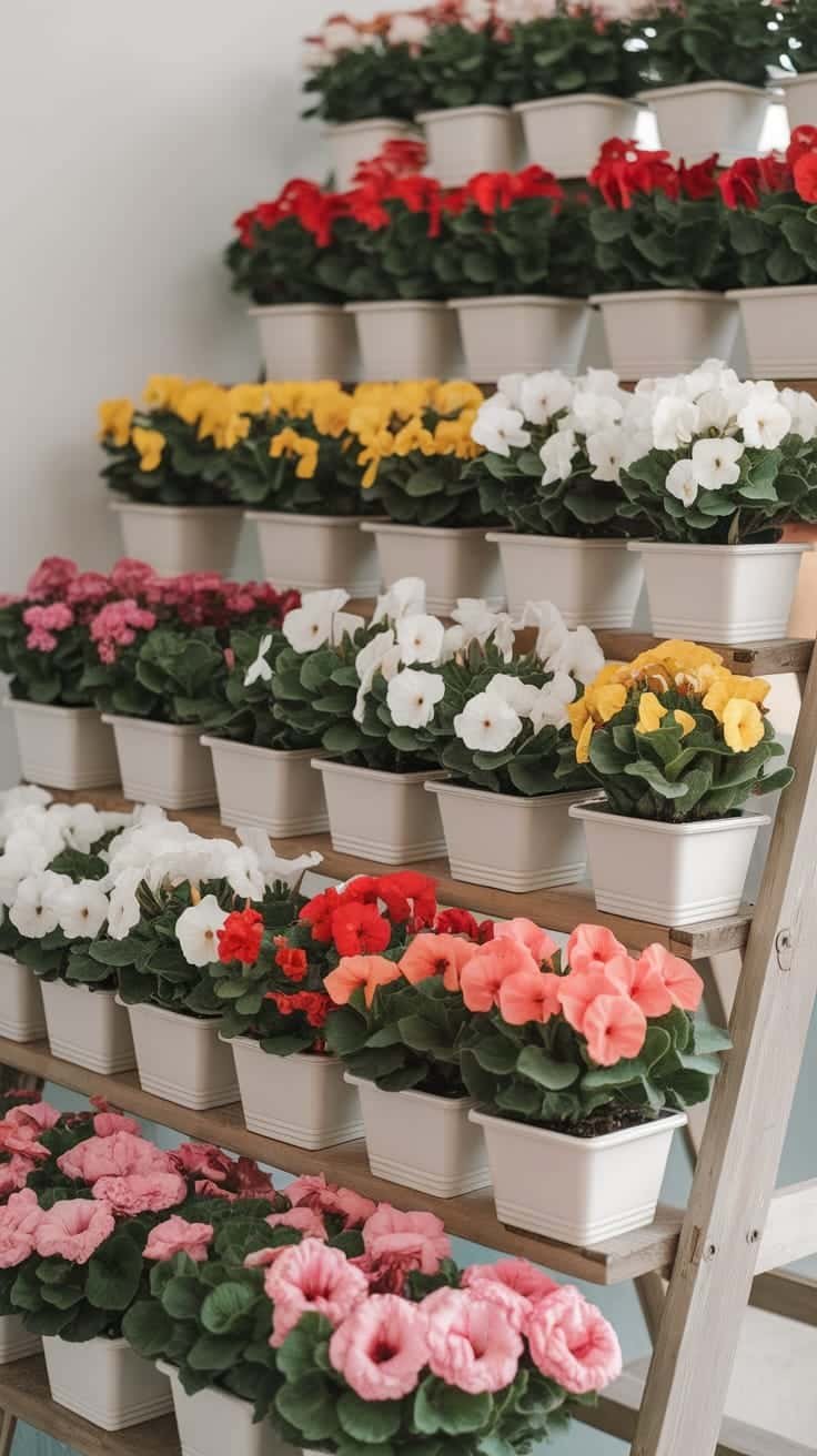 Seasonal_blooms_in_tiny_spaces Colorful flowers in pots arranged on a wooden shelf