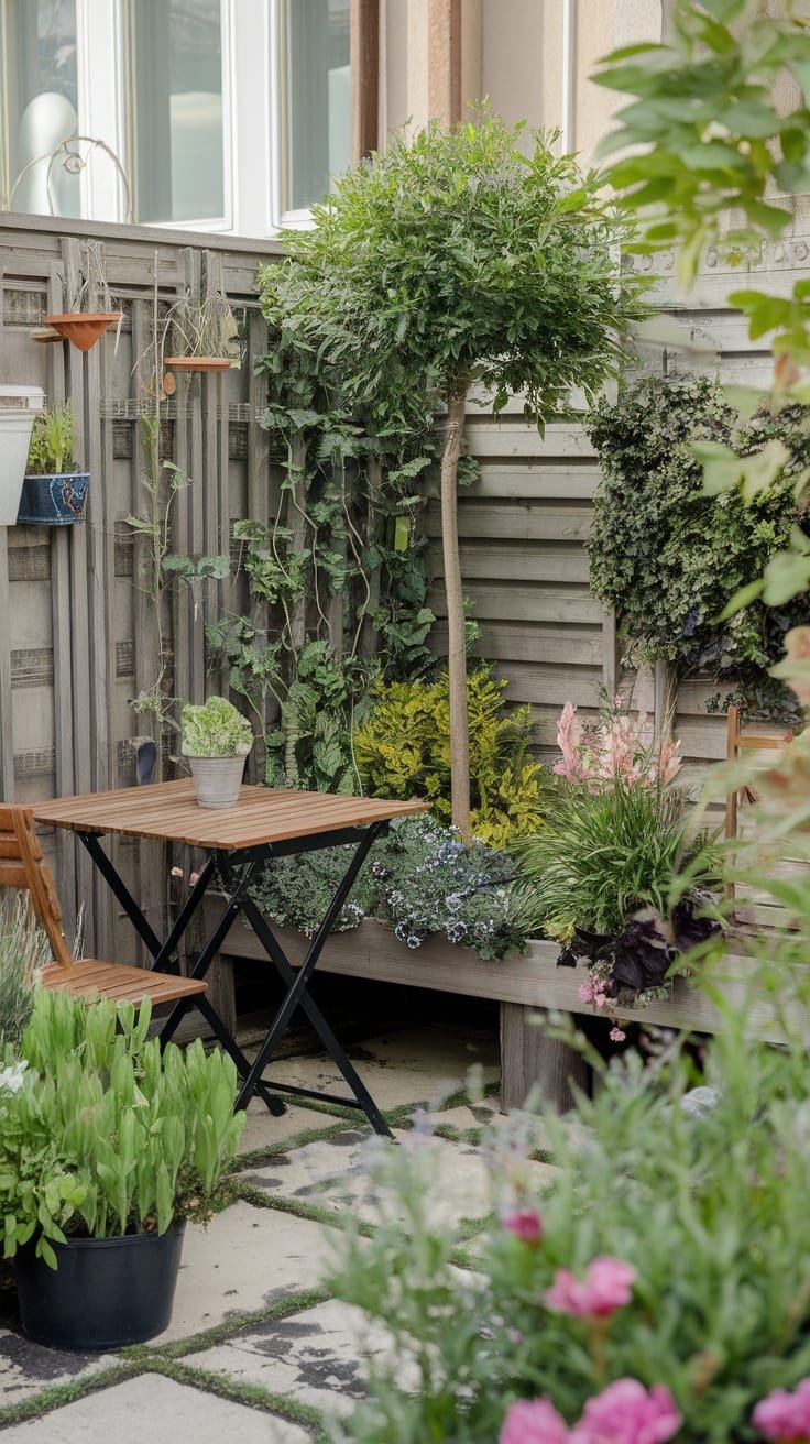 Seasonal_container_swaps A small cozy garden area with a wooden table chairs and various plants in containers