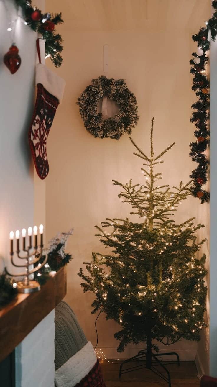 Seasonal_decor_ideas_for_small_homes A cozy corner of a small home decorated for the holidays featuring a Christmas tree with lights stockings and a wreath