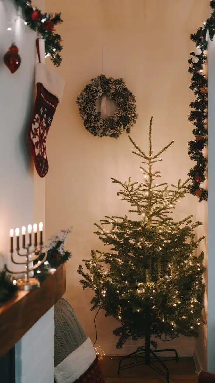 Seasonal_decor_ideas_for_small_homes A cozy corner of a small home decorated for the holidays featuring a Christmas tree with lights stockings and a wreath